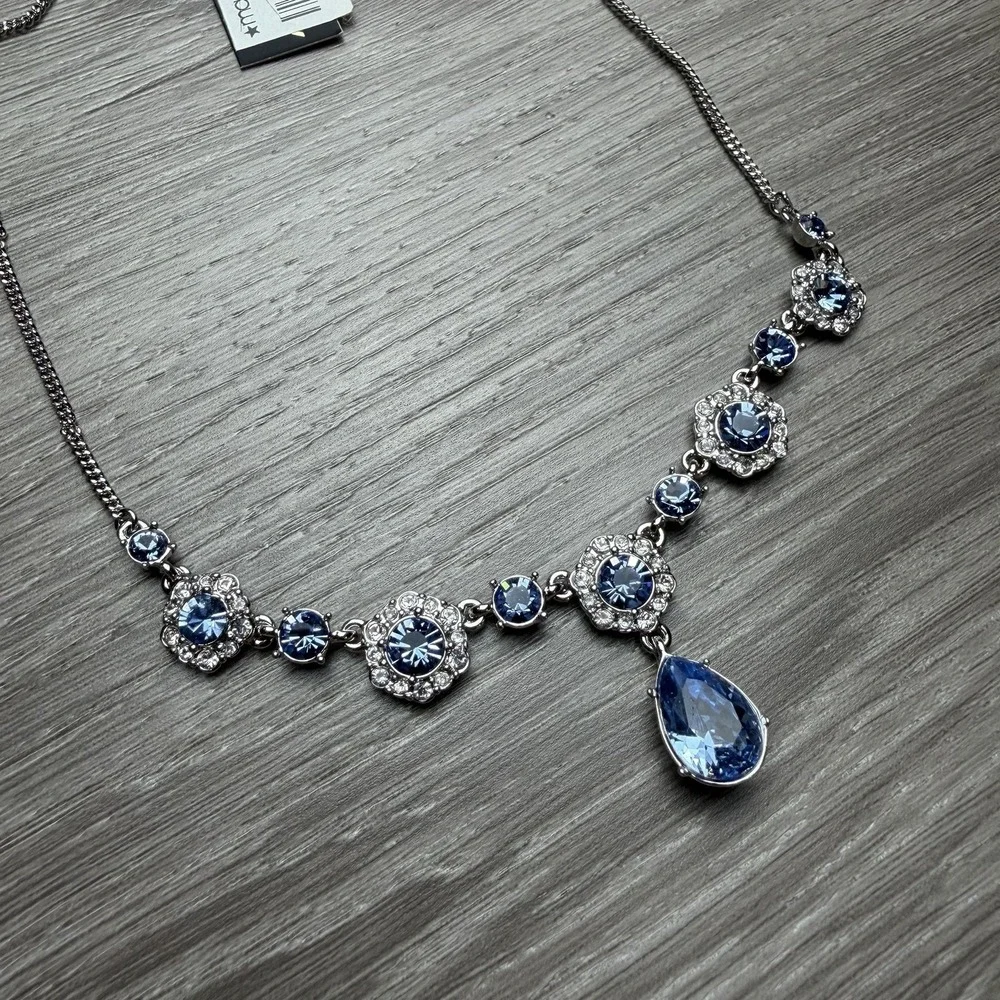 Givenchy Silver Tone Blue Crystal Floral Teardrop Statement Necklace New